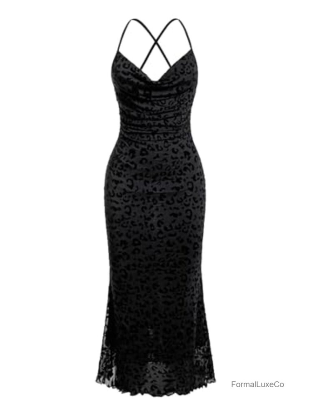 Women's Leopard Mesh Maxi Dress Cowl Neck Draped Bodycon Long Sleeveless Party